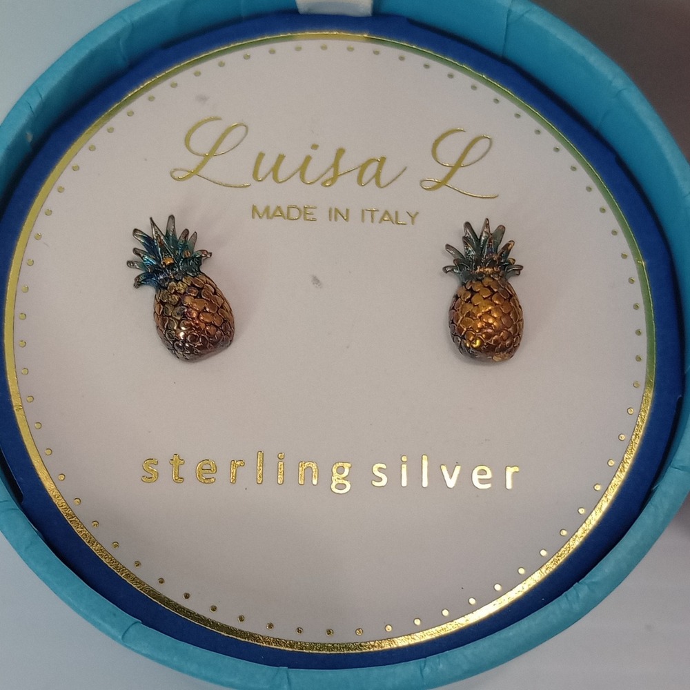 Luisa L Sterling Silver Pineapple Stud Earrings .925 Italy Enamel 13mm Boxed‎ - Picture 5 of 13